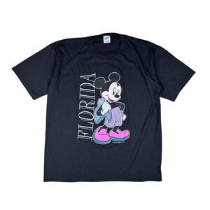 Vintage Disney Mickey Mouse Florida T-Shirt‎ Men's XL Black Velva Sheen 90s USA